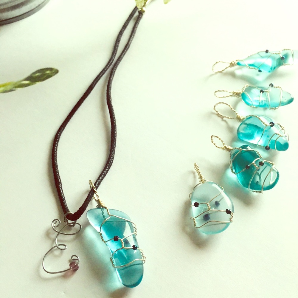 Blue sea glass & initial charm necklace